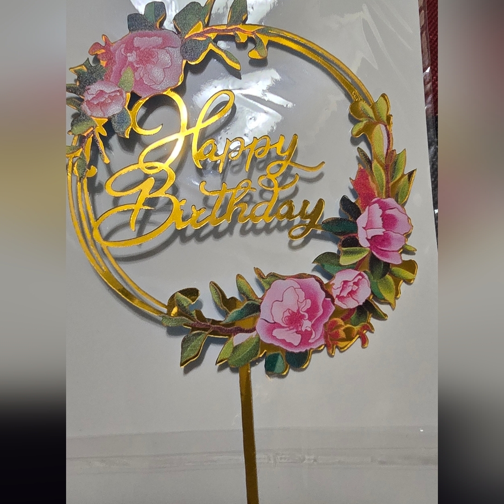 Gold Floral Happy Birthday Cake Topper - Picture 4 of 4